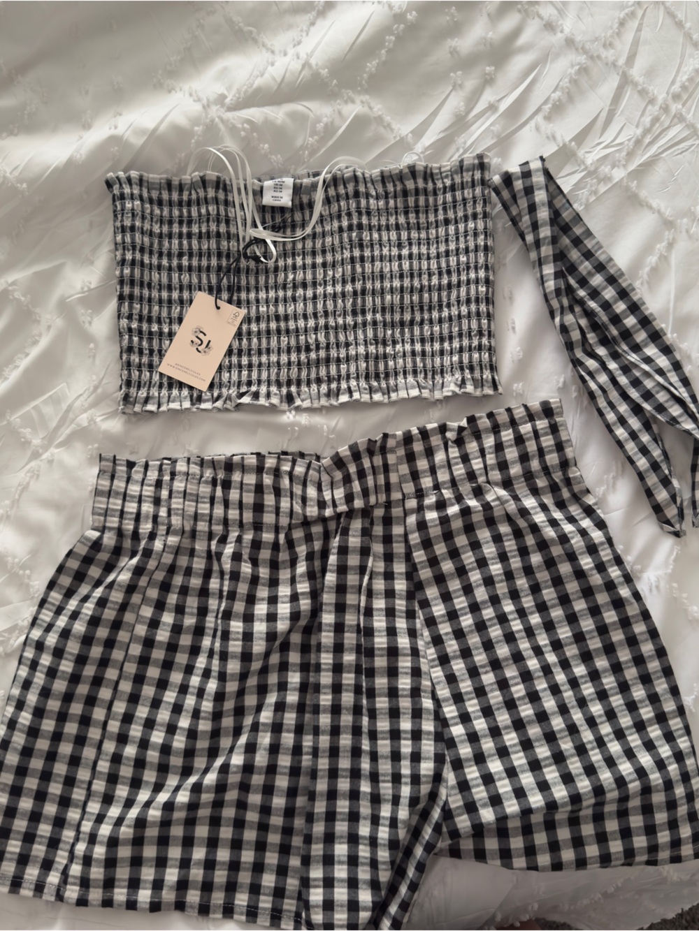 Gingham High-Waist Paperbag Shorts in Black & White  Womens m/l